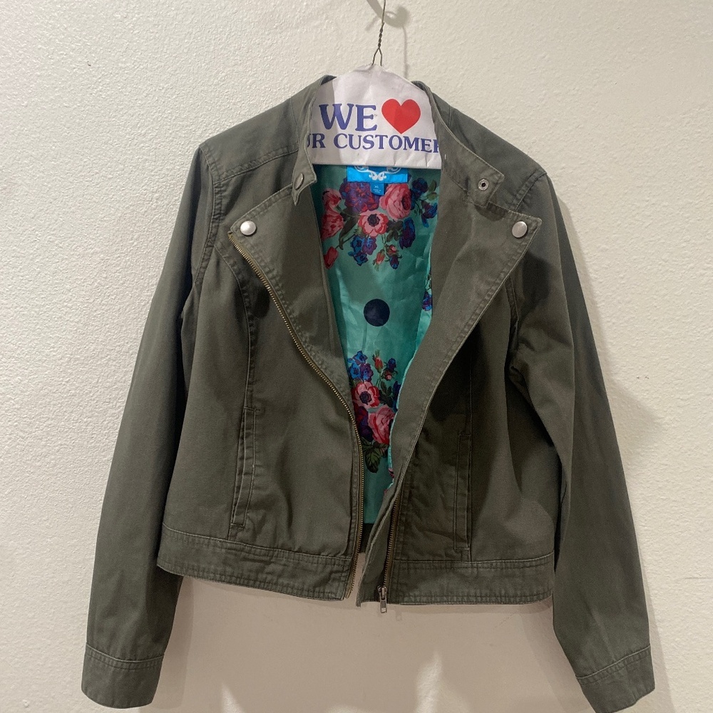 Nanette Lepore L’Amour Zip Moto Jacket Sea Kelp Army Green Floral Lined XL